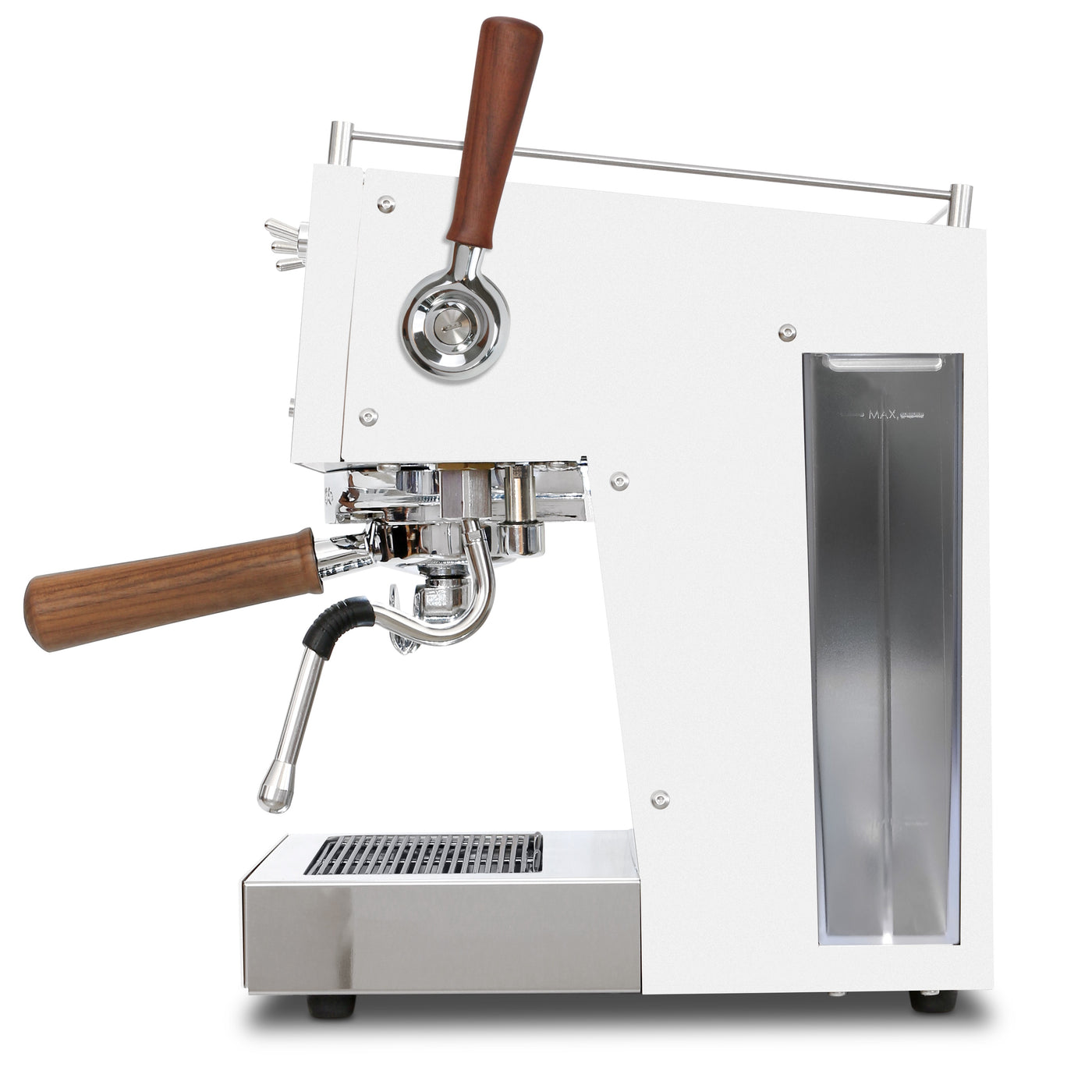 Ascaso Steel Duo Plus in White and Walnut wood - view of the right hand side of the Espresso machine