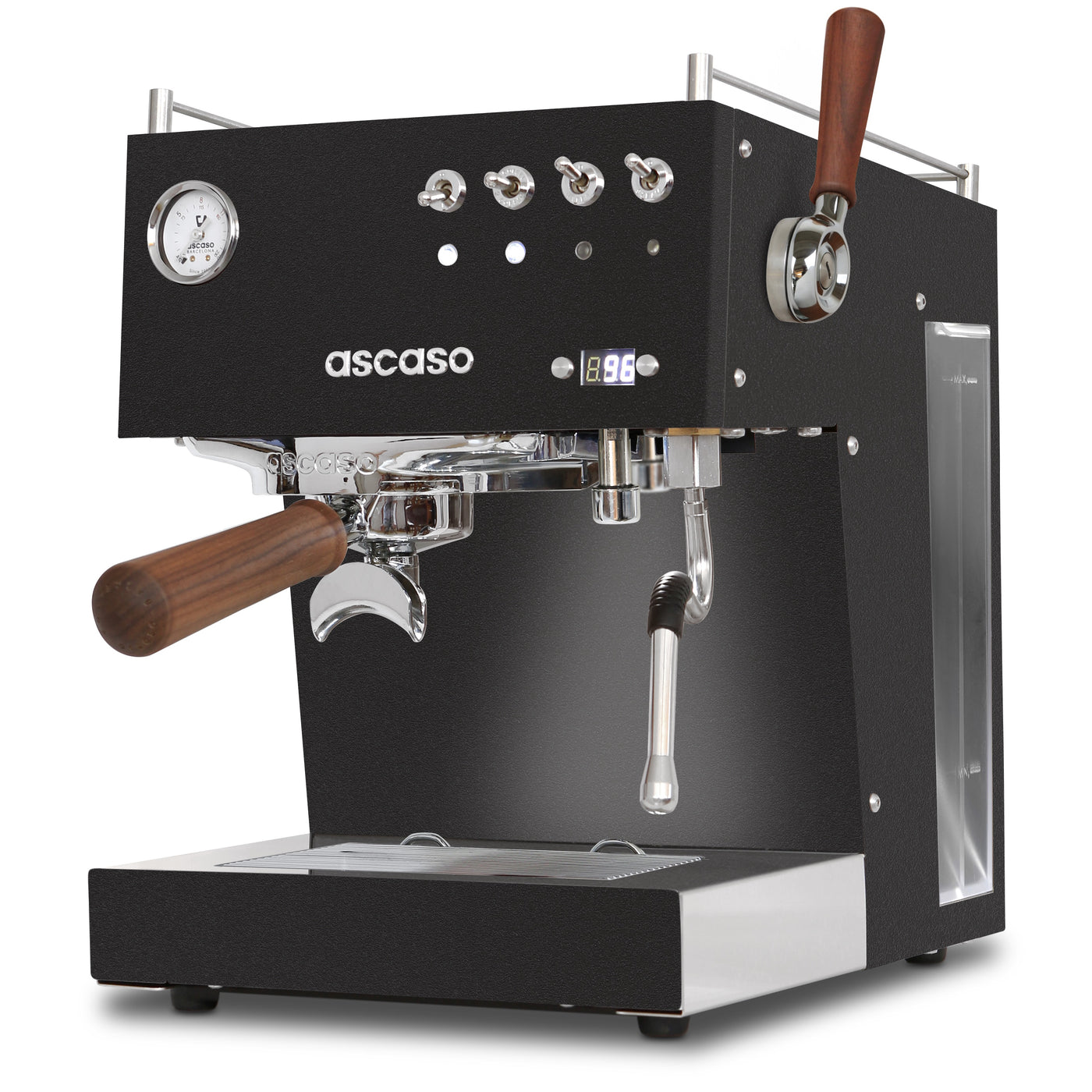 Ascaso Steel Duo Plus in Black and Walnut wood - view from the front right corner of the Espresso machine
