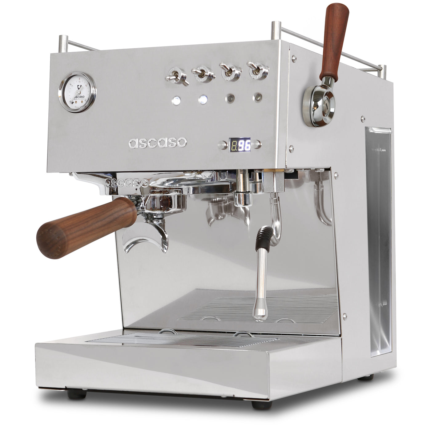 Ascaso Steel Duo Plus in Stainless Steel and Walnut wood - view from the front right of the Espresso machine