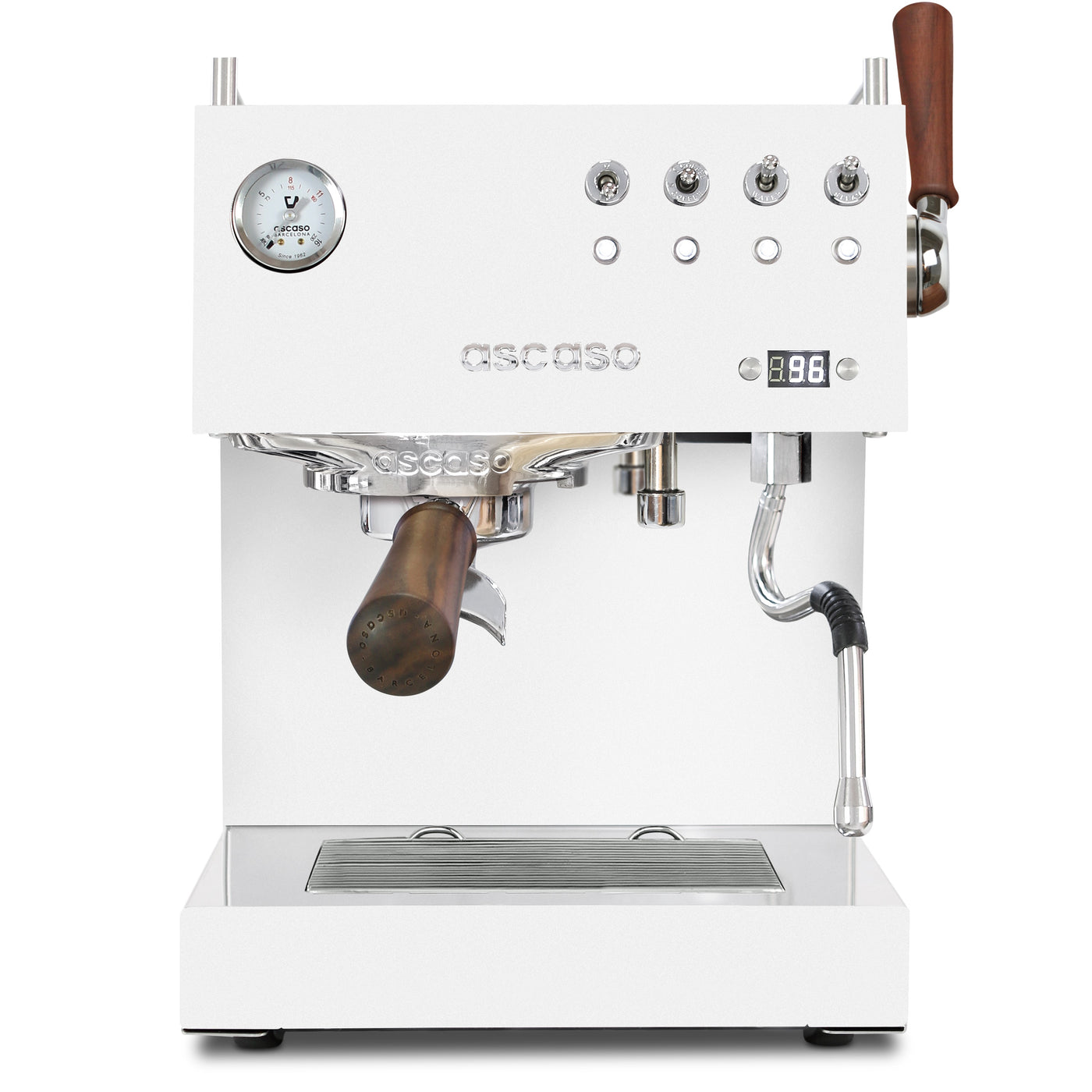 Ascaso Steel Duo Plus in White and Walnut wood - view from the front of the Espresso machine
