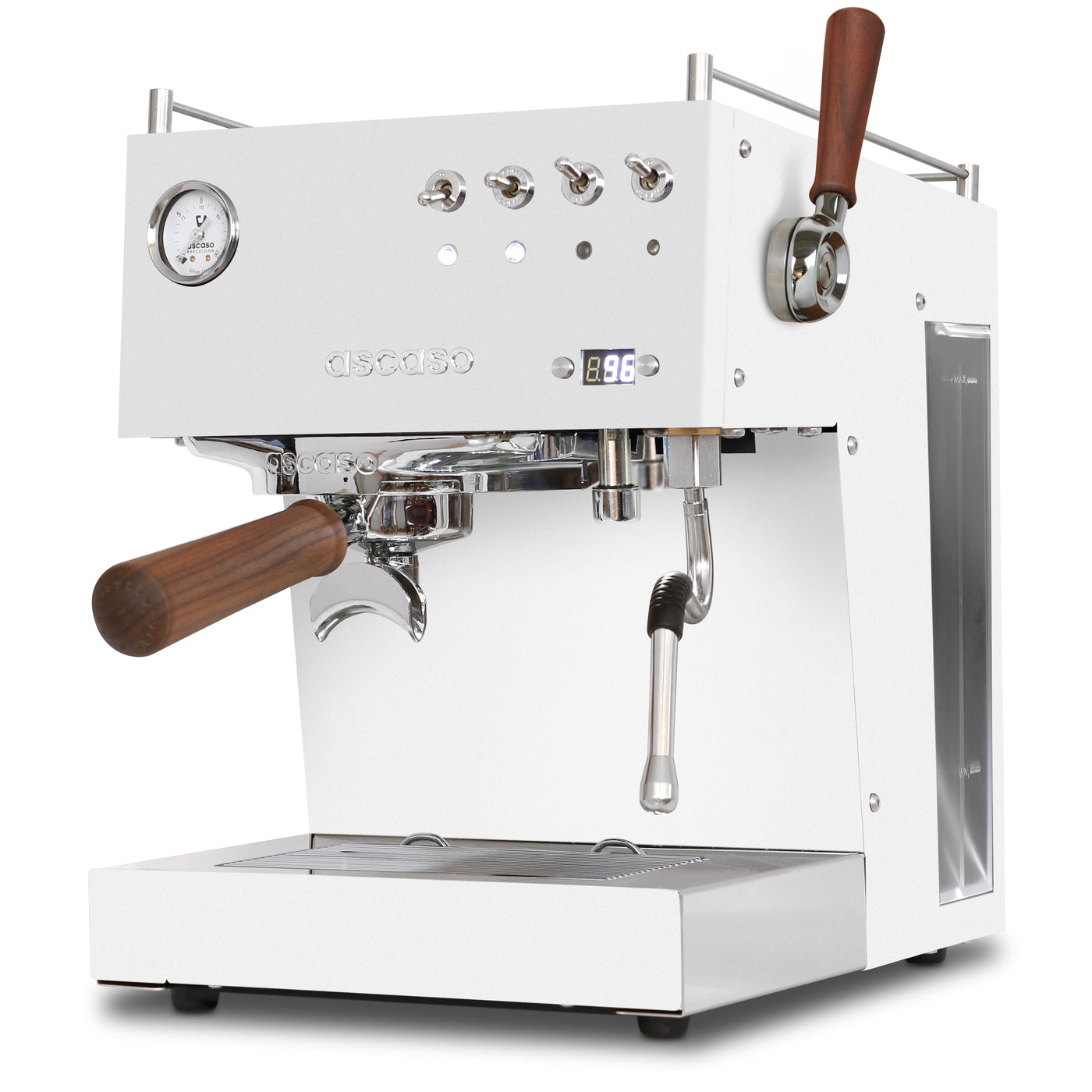 Ascaso Steel Duo Plus in White and Walnut wood - view from the front right corner of the Espresso machine