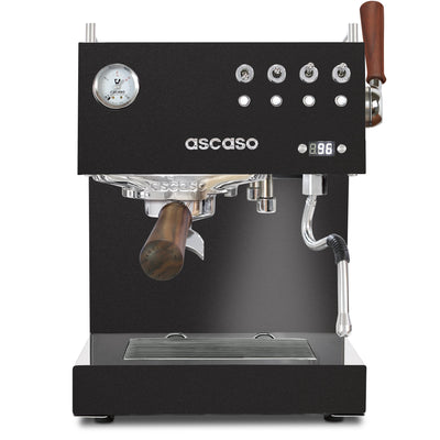 Ascaso Steel Duo Plus in Black and Walnut wood - view from the front of the Espresso machine