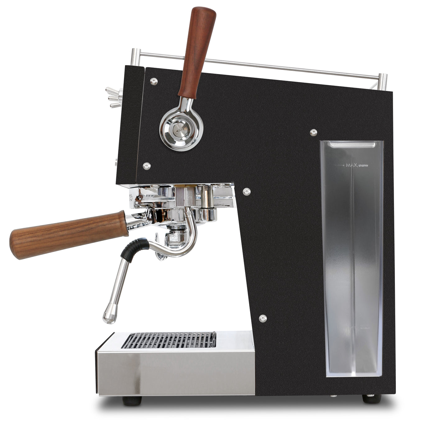 Ascaso Steel Duo Plus in Black and Walnut wood - view from the right hand side of the Espresso machine