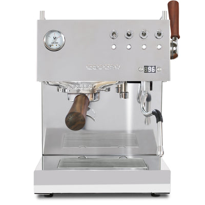Ascaso Steel Duo Plus in Stainless Steel and Walnut wood - view from the front of the Espresso machine