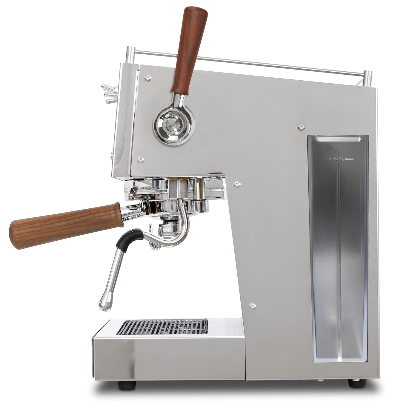 Ascaso Steel Duo Plus in Stainless Steel and Walnut wood - view from the right hand side of the Espresso machine